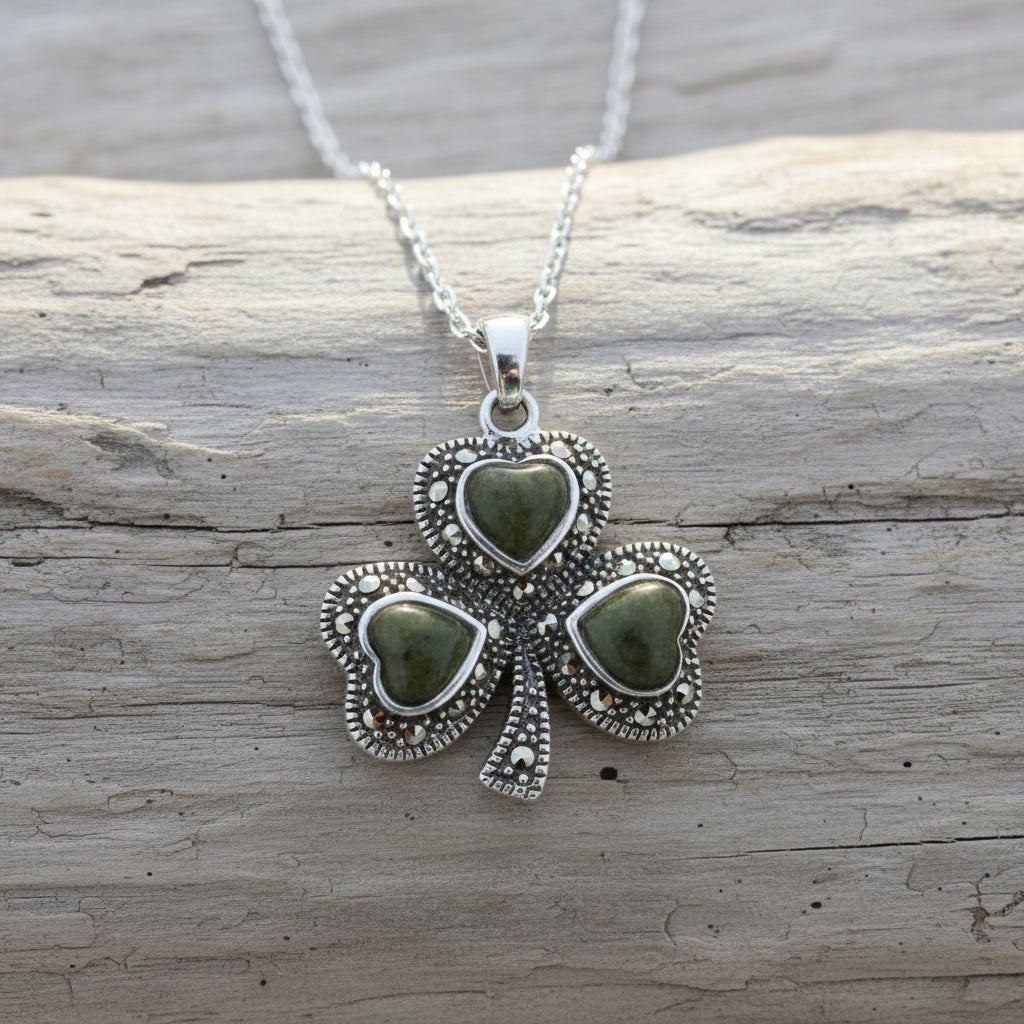 Silver Marble & Marcasite Shamrock Pendant