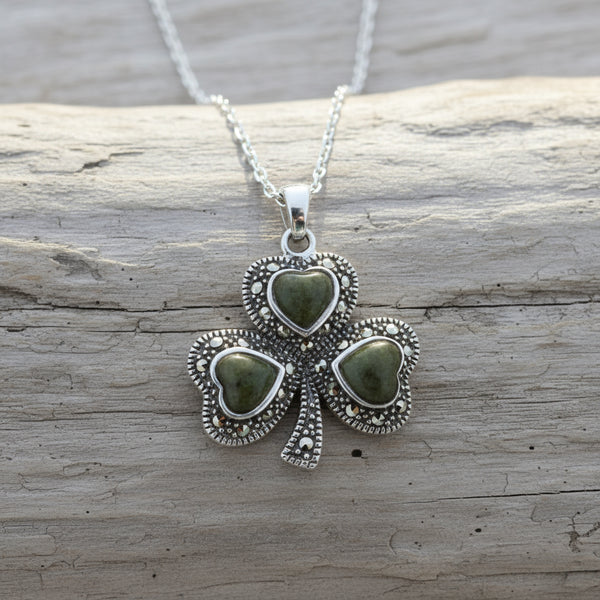 Silver Marble & Marcasite Shamrock Pendant