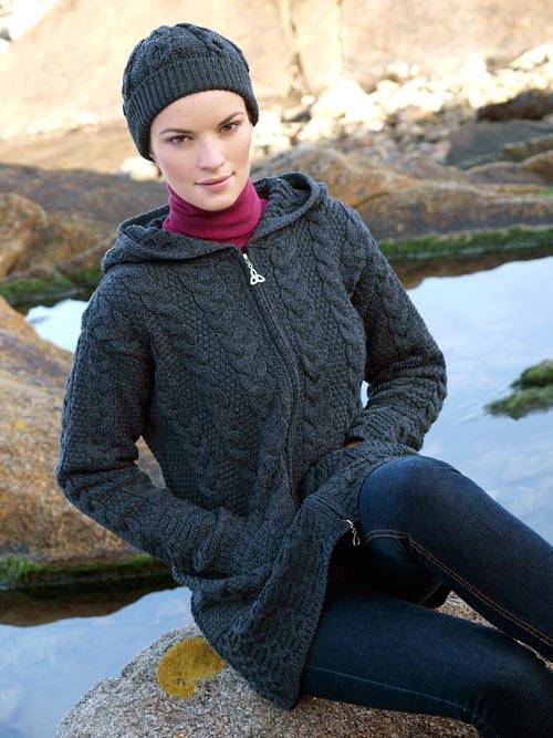 Aran Crafts Galway Charcoal Coat With Celtic Knot Zipper