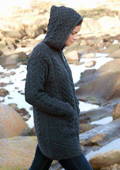 Aran Crafts Galway Charcoal Coat With Celtic Knot Zipper