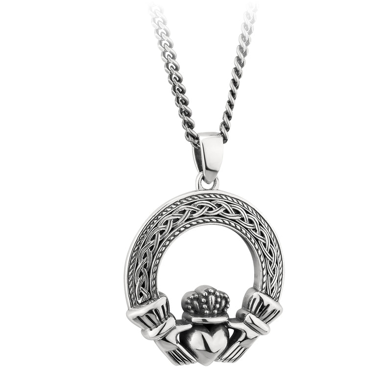 Gents Celtic Silver Oxidised Claddagh Pendant