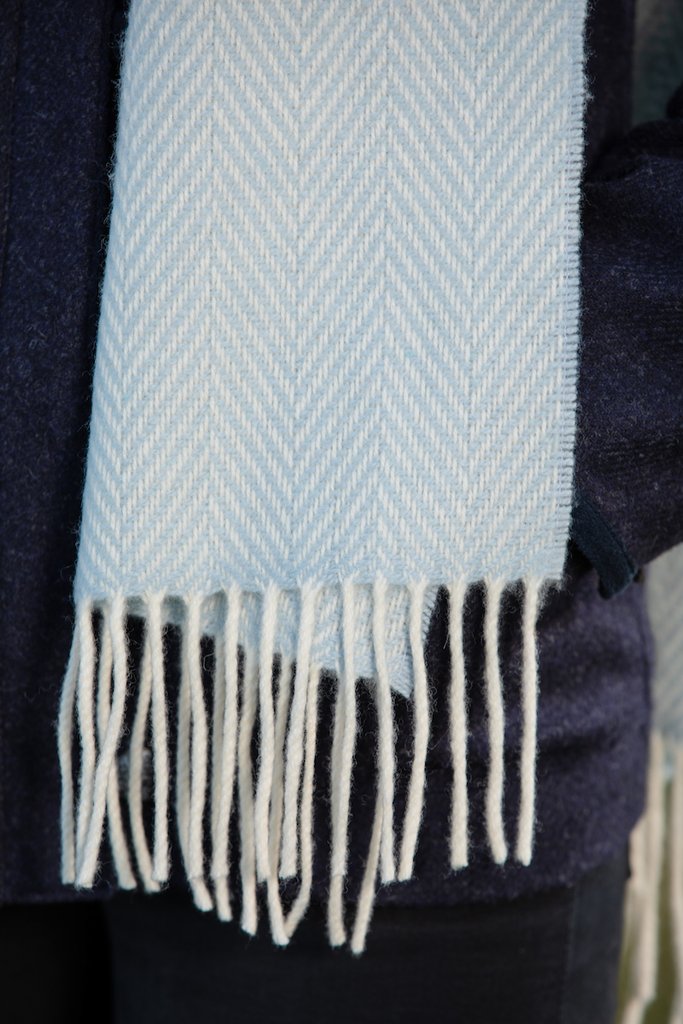 Foxford Merino Cashmere Scarf | Blue & White Herringbone