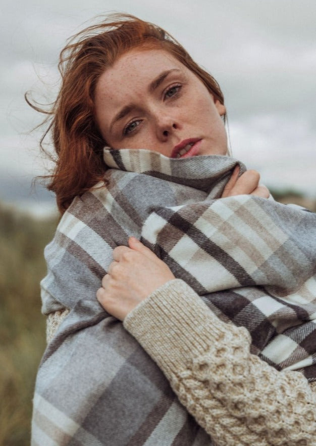 Oversized Merino Scarf Natural Grey Brown Plaid