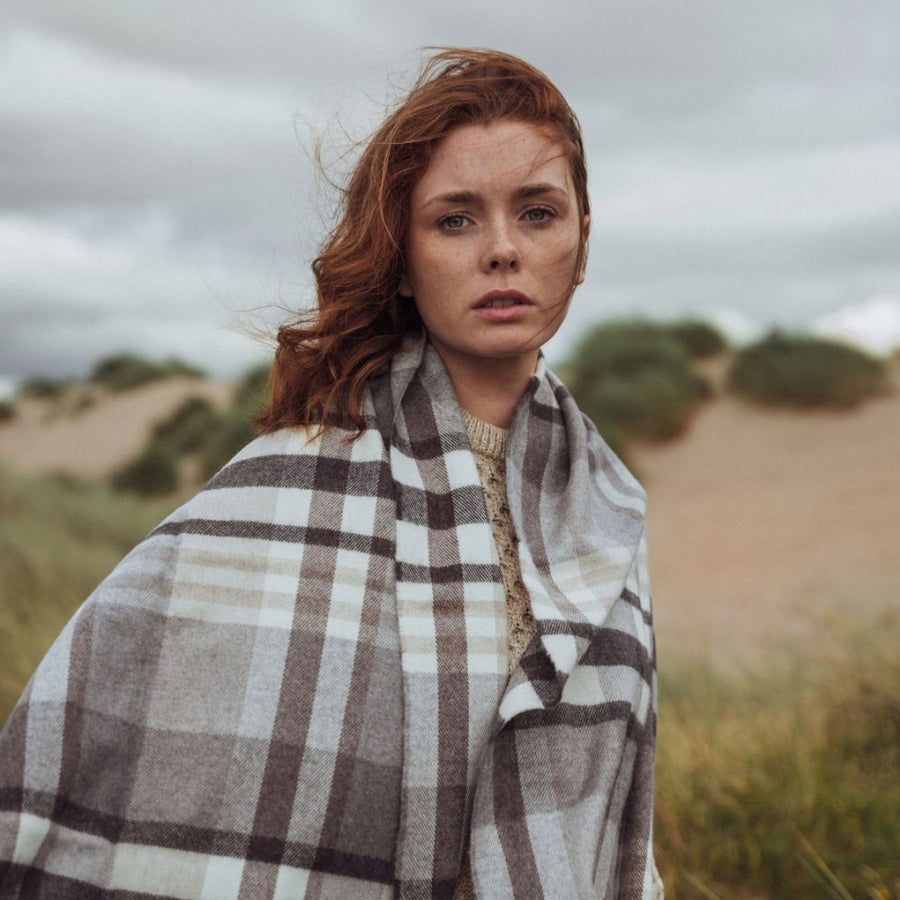 Oversized Merino Scarf Natural Grey Brown Plaid