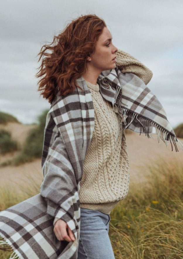 Oversized Merino Scarf Natural Grey Brown Plaid