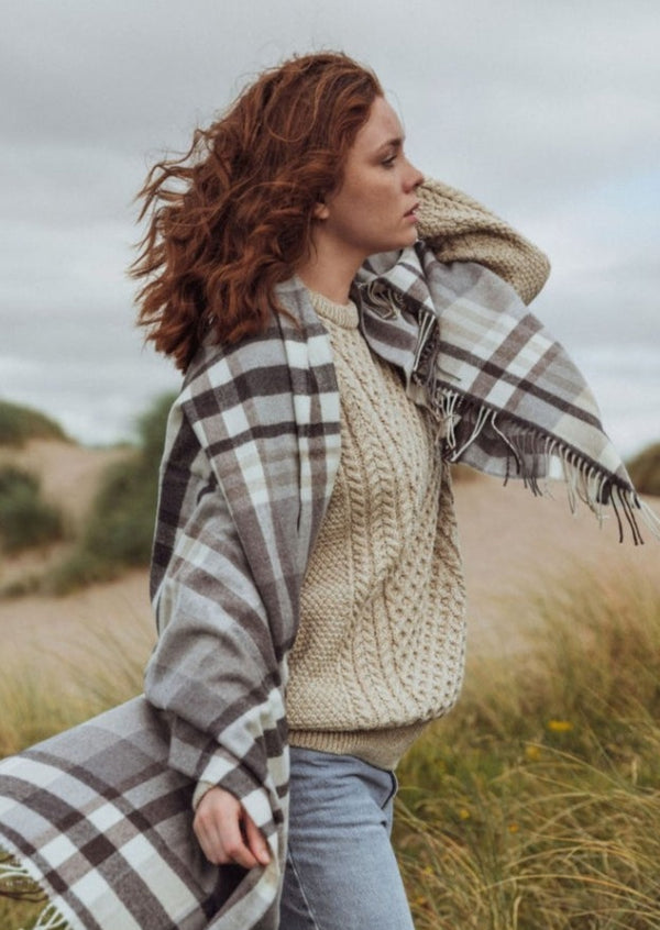 Oversized Merino Scarf Natural Grey Brown Plaid