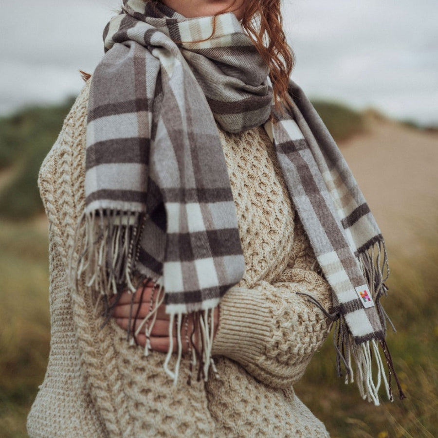 Oversized Merino Scarf Natural Grey Brown Plaid