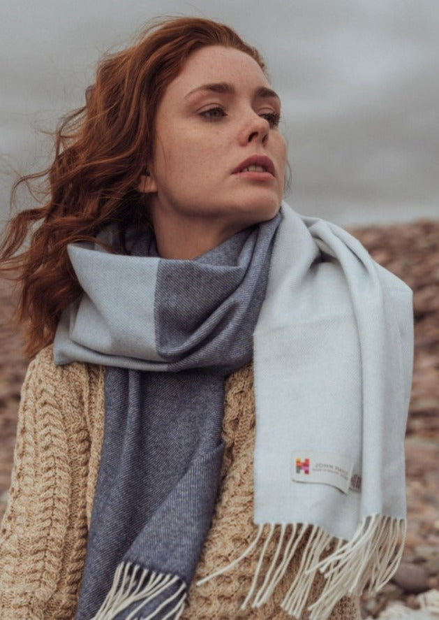 Oversized Merino Scarf White Denim Navy Stripe