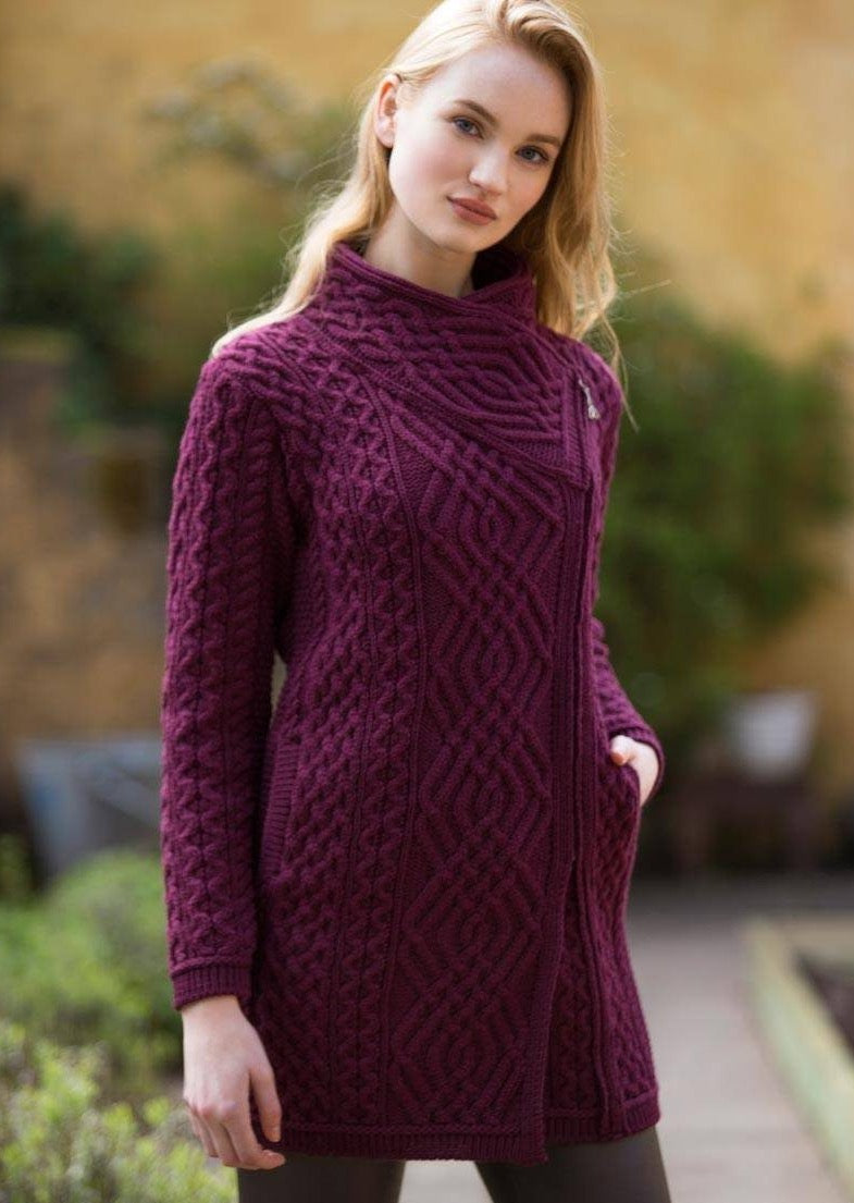 Aran Crafts Cable Knit Side Zip Wine Coat