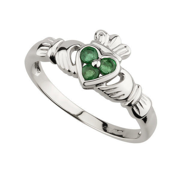 Solvar 14K White Gold .18ct Emerald Claddagh Ring