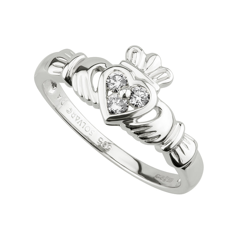 14K WHITE GOLD DIAMOND CLADDAGH HEART RING