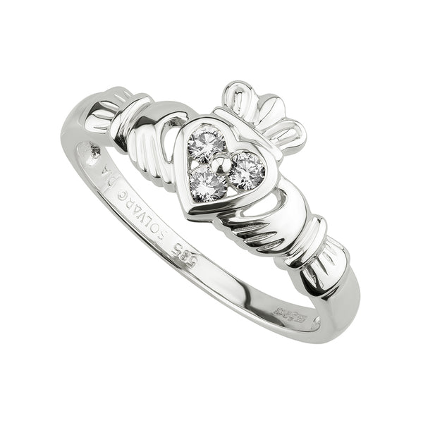 14K WHITE GOLD DIAMOND CLADDAGH HEART RING