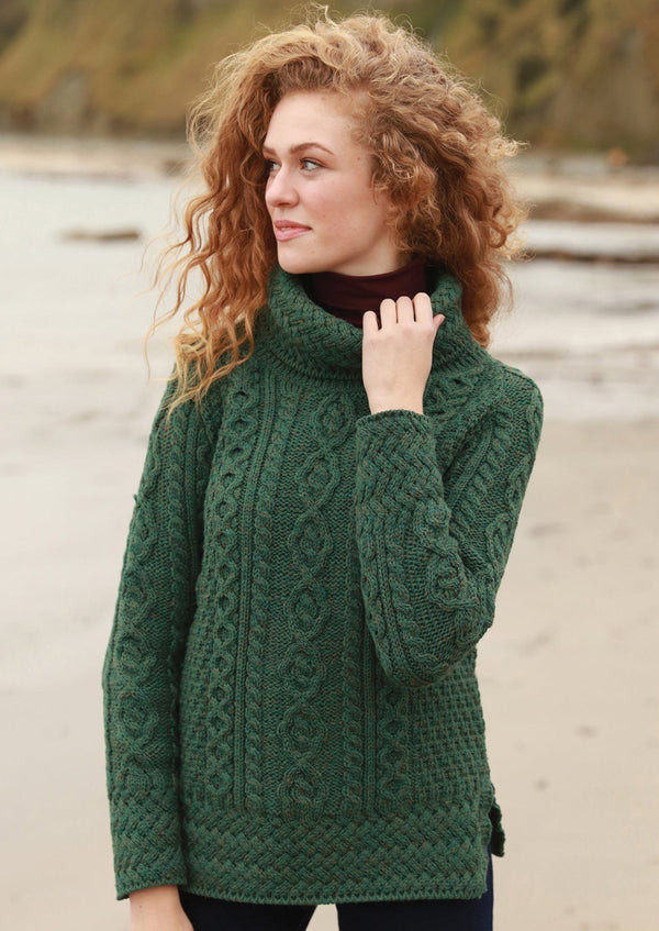 Ladies Vented Roll Neck Connemara Green Aran Jumper