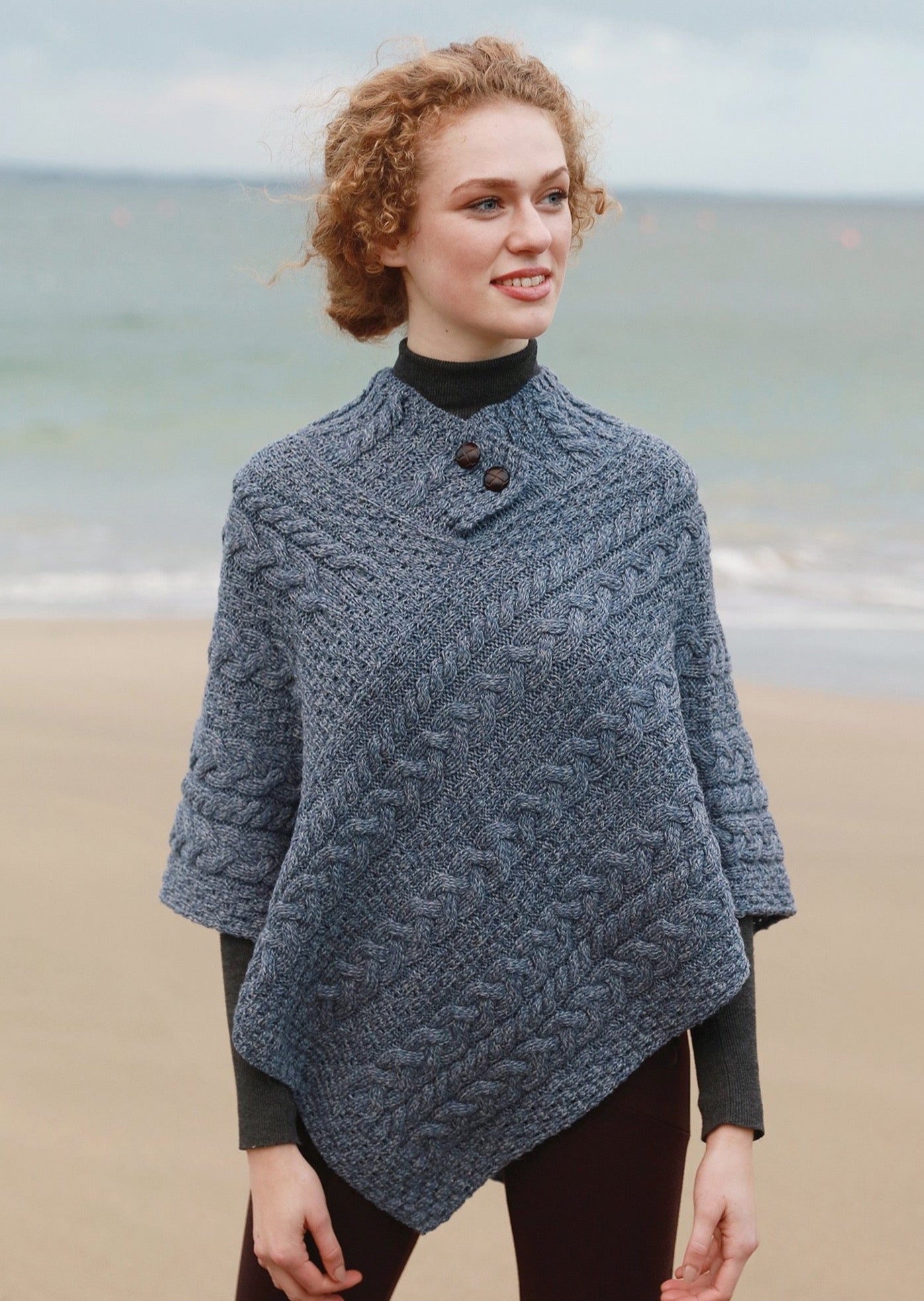 Denim Cable Knit Aran Poncho