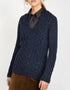 IrelandsEye Horseshoe V Neck Aran Sweater | Rich Navy - Clearance