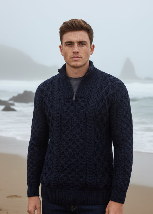 Irelands Eye Navy Dromore Troyer Aran Sweater