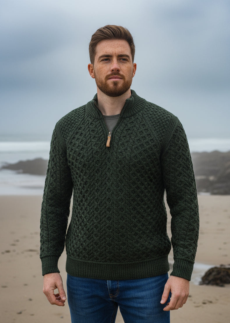 Aran Half Zip Super Soft Sweater | Green