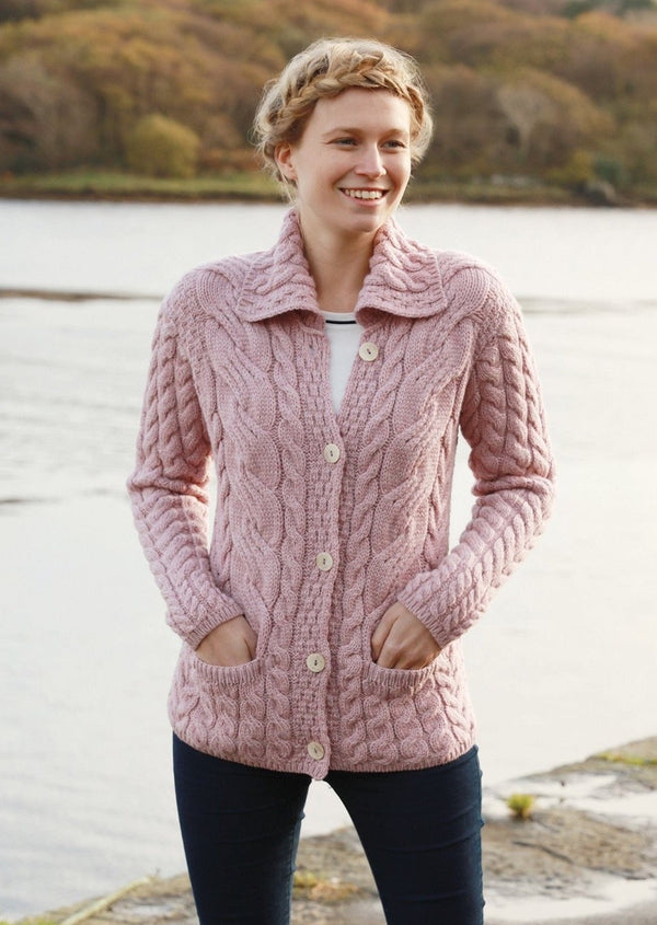 Belcarra Ladies Aran Cardigan - Pink