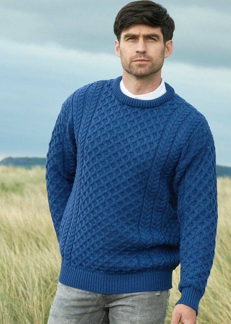 Kildare Merino Crew Neck Blue Aran Sweater