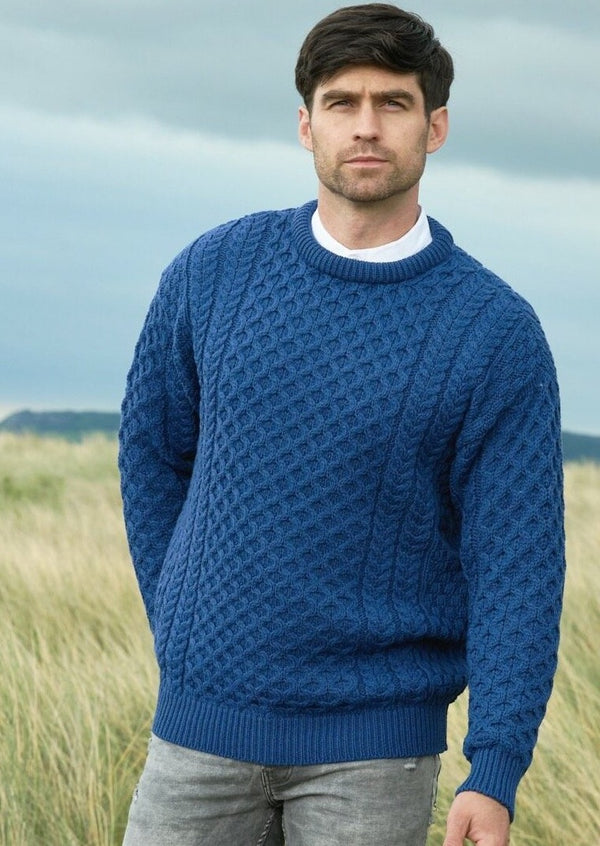 Kildare Merino Crew Neck Blue Aran Sweater