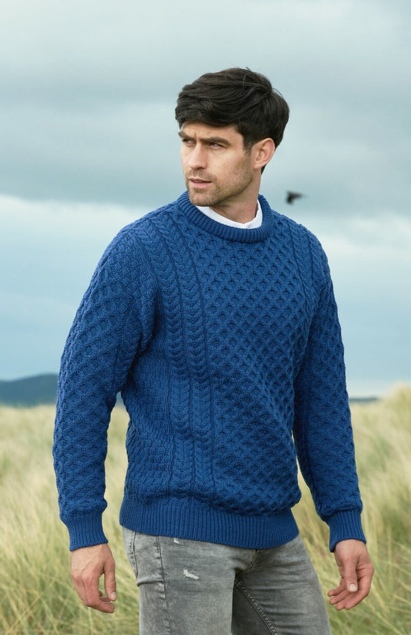 Kildare Merino Crew Neck Blue Aran Sweater