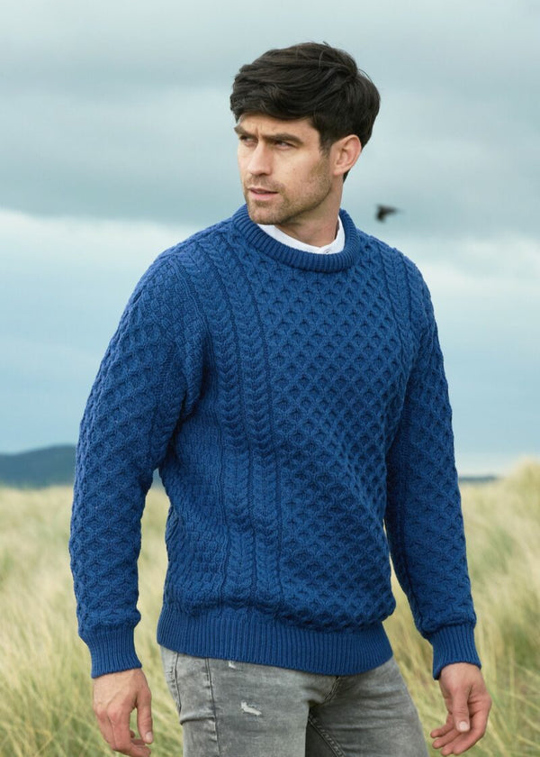 Kildare Merino Crew Neck Blue Aran Sweater