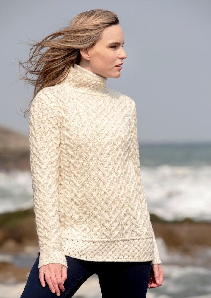 Aran Crafts Hearts High Neck Sweater | Natural