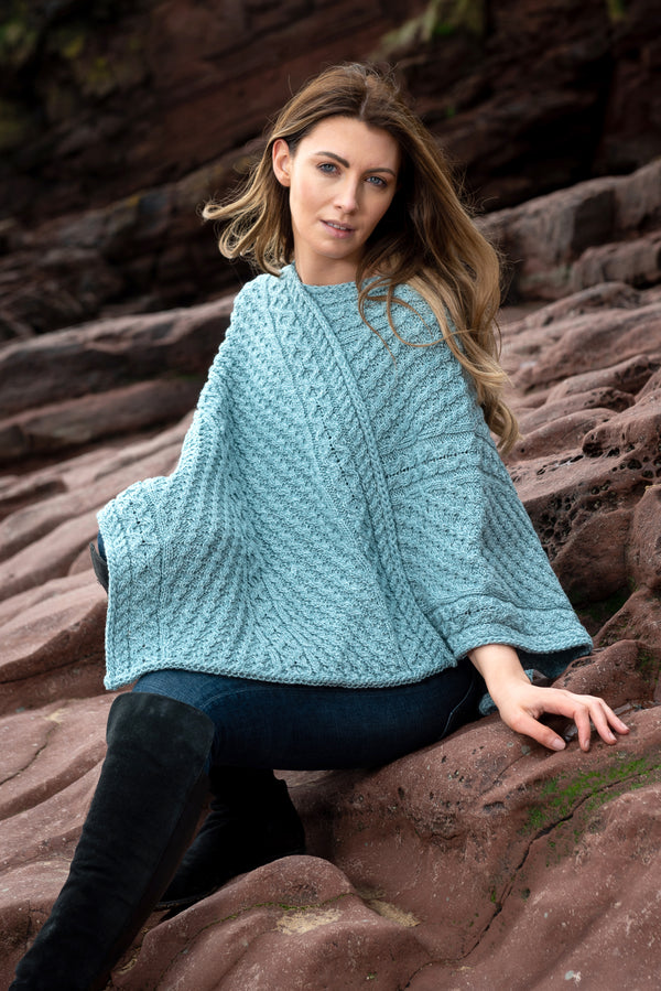 Aran Aqua Merino Wool V Poncho