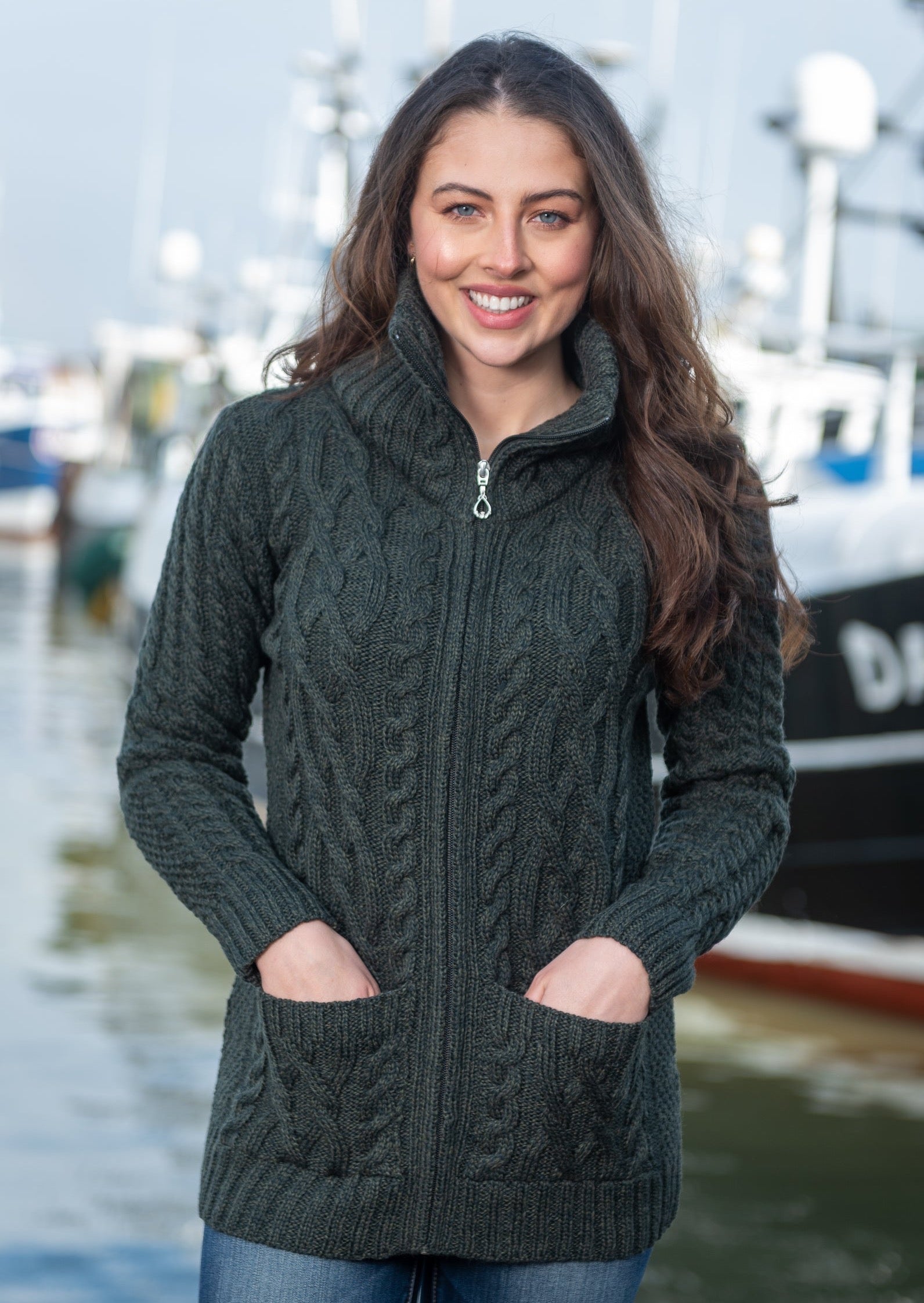 Aran Claddagh Zip Green Cardigan