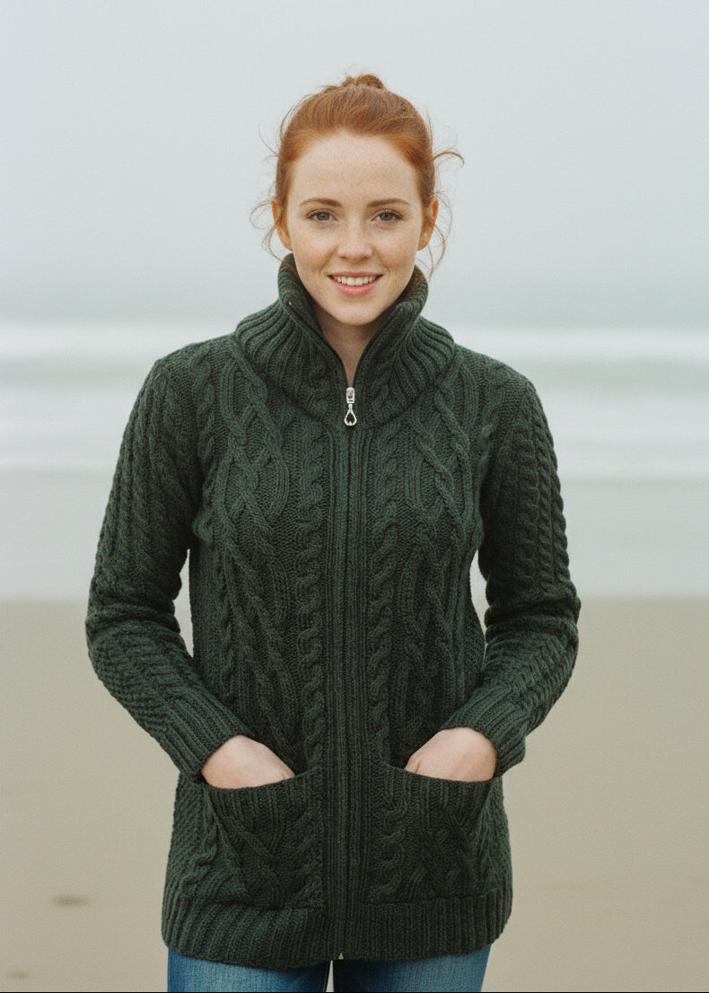 Aran Claddagh Zip Green Cardigan