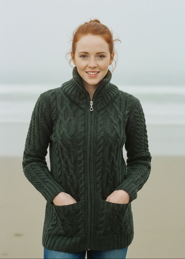 Aran Claddagh Zip Green Cardigan