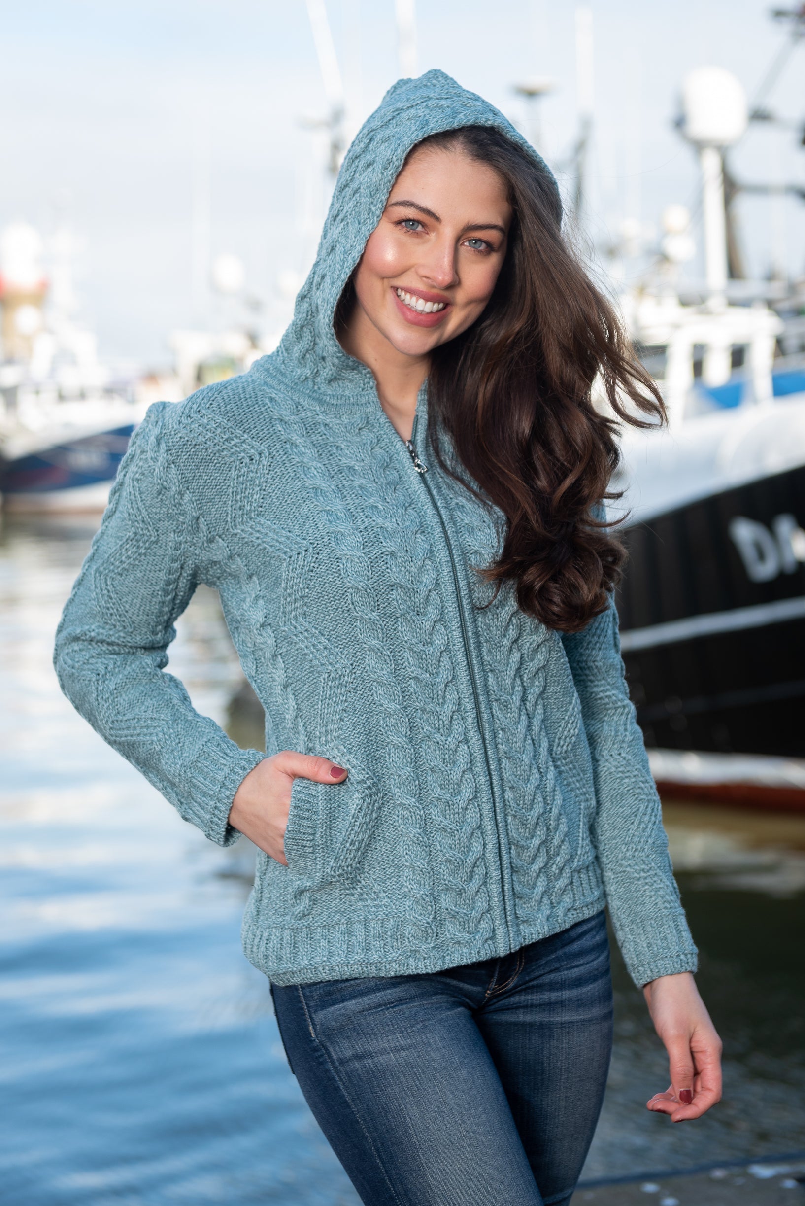 Aran Aqua Hooded Cardigan With Claddagh Zip