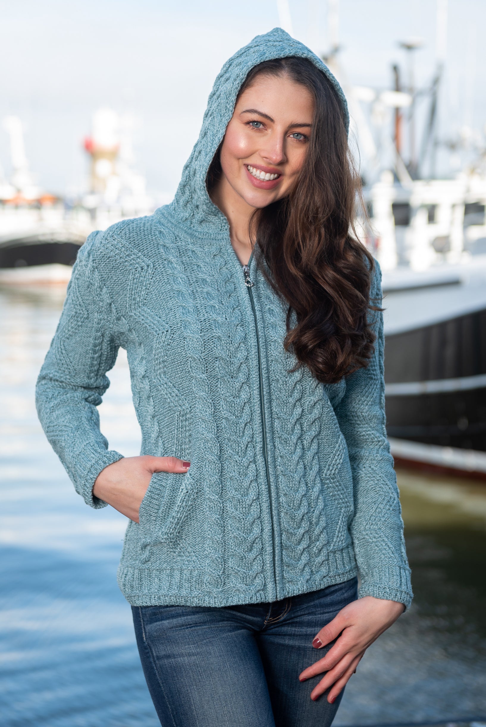 Aran Aqua Hooded Cardigan With Claddagh Zip