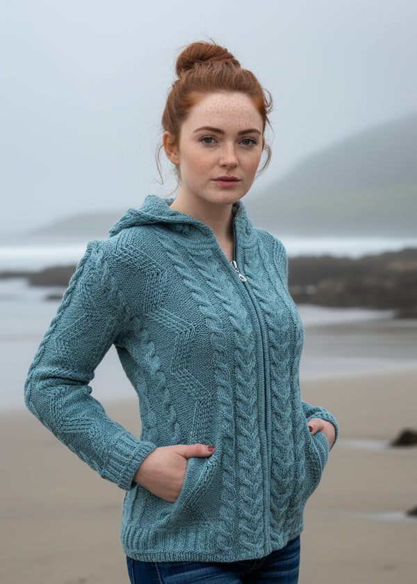 Aran Aqua Hooded Cardigan