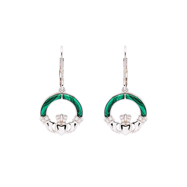 Green Malachite Sterling Silver Claddagh Drop Earrings