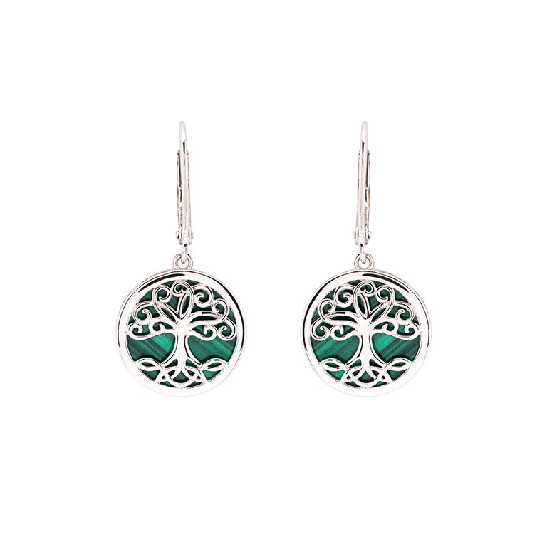 Green Malachite Sterling Silver Tree of Life Earrings