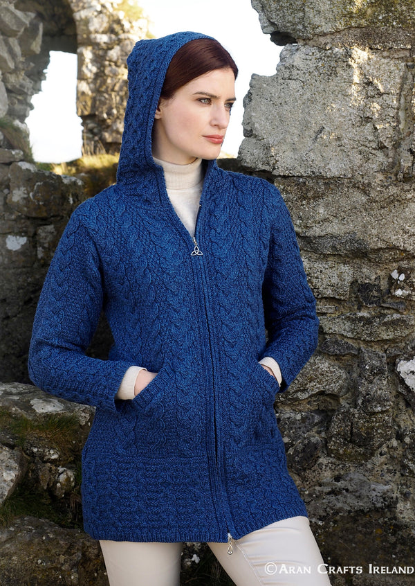 Aran Blue Galway Coat With Celtic Knot Zipper