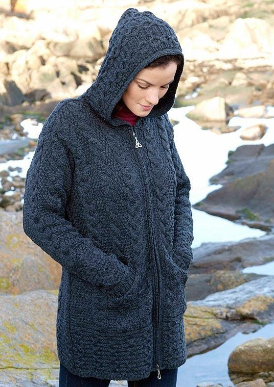 Aran Crafts Galway Charcoal Coat With Celtic Knot Zipper