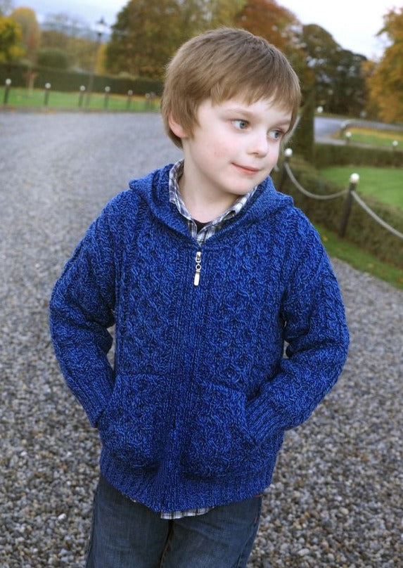 Kids Hooded Blue Aran Cardigan