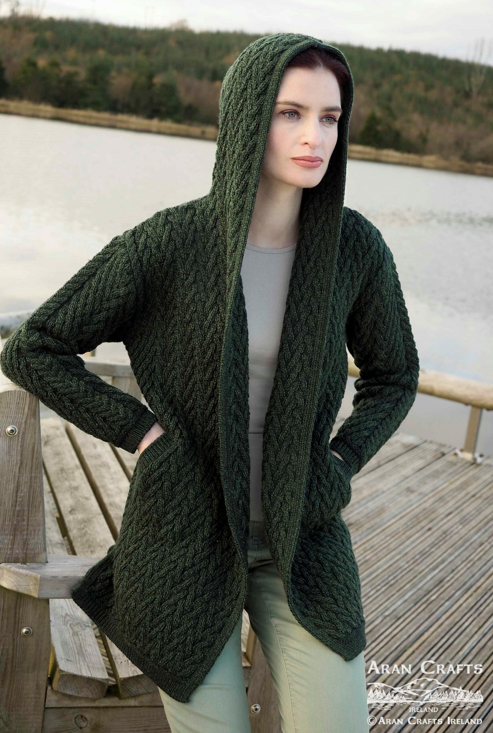 Aran Crafts Herringbone Shawl Hooded Cardigan | Green