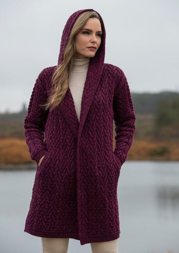 Aran Crafts Herringbone Shawl Hooded Cardigan | Purple