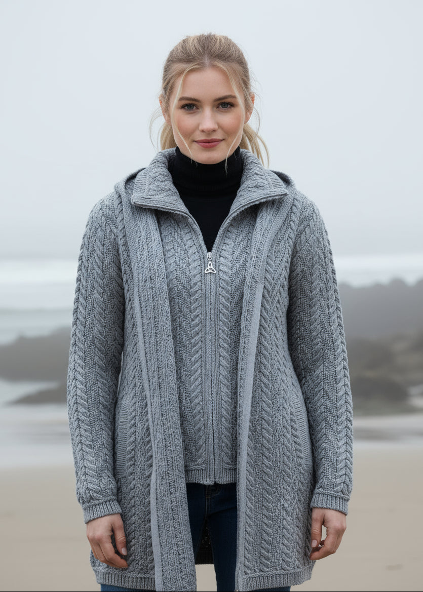 Aran Crafts Grey Hooded Zip Coat
