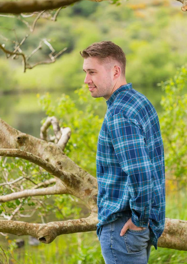 Mens Navy Blue Tartan Flannel Grandfather Shirt