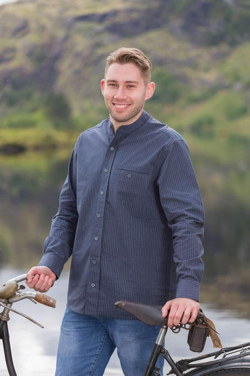 Mens Comfort Cotton Navy White Stripe Grandfather Shirt
