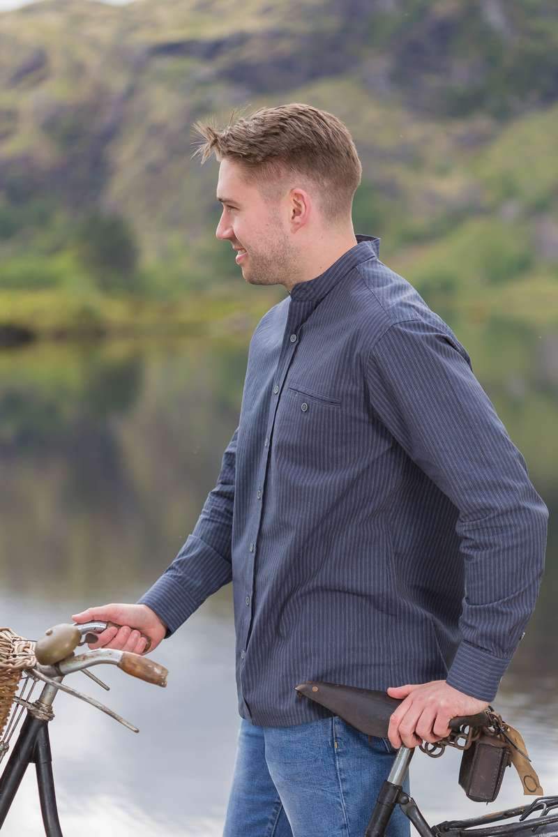 Mens Comfort Cotton Navy White Stripe Grandfather Shirt