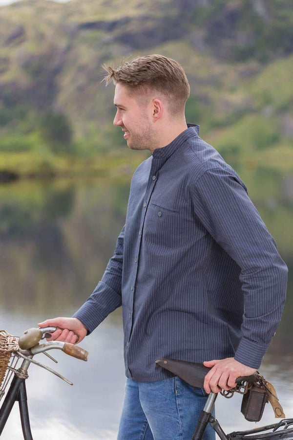 Mens Comfort Cotton Navy White Stripe Grandfather Shirt
