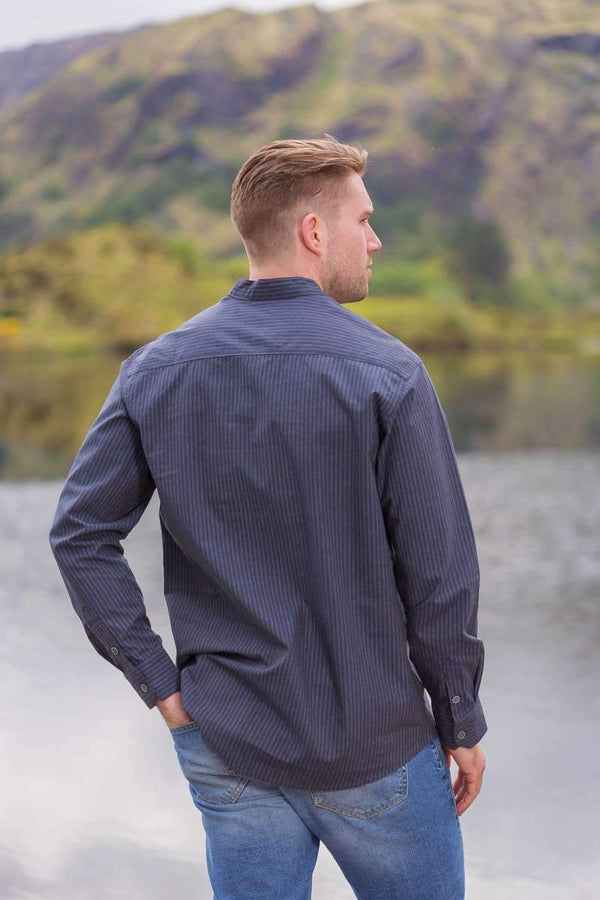 Lee Valley Cotton Grandfather Shirt | Navy White Stripe