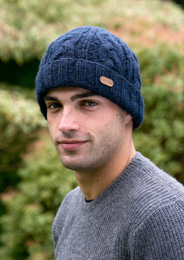 Aran Cable Turnup Hat Navy