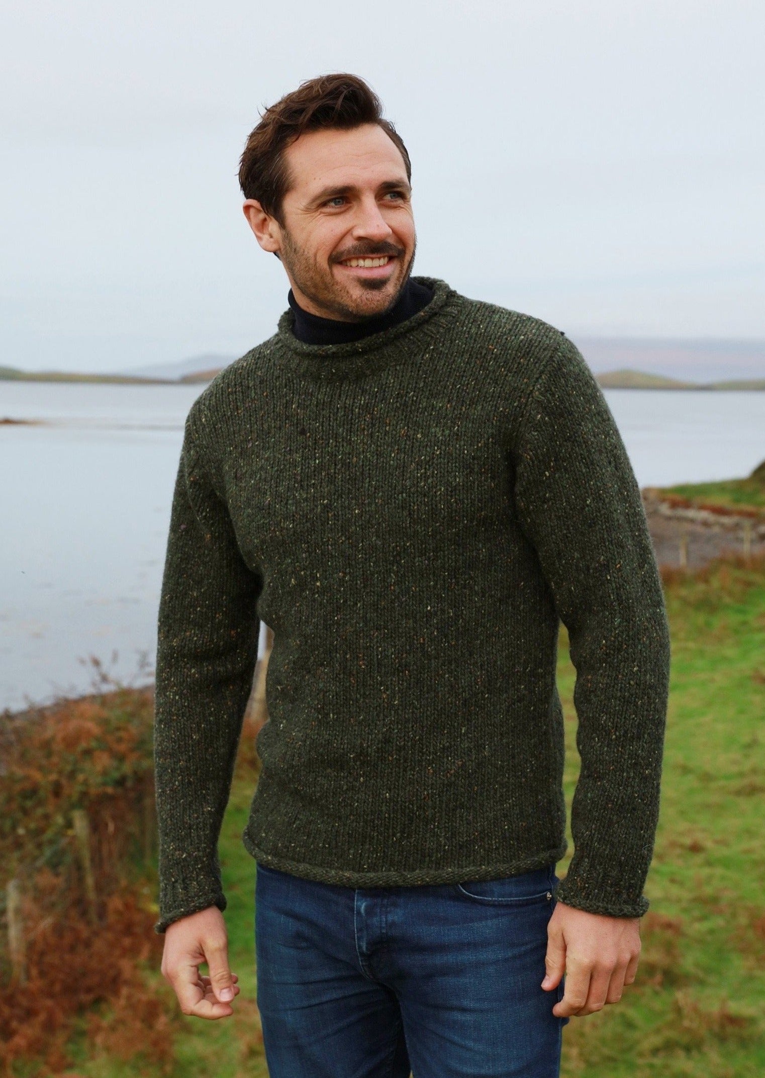 Raheen Tweed Roll Neck Mens Sweater - Green