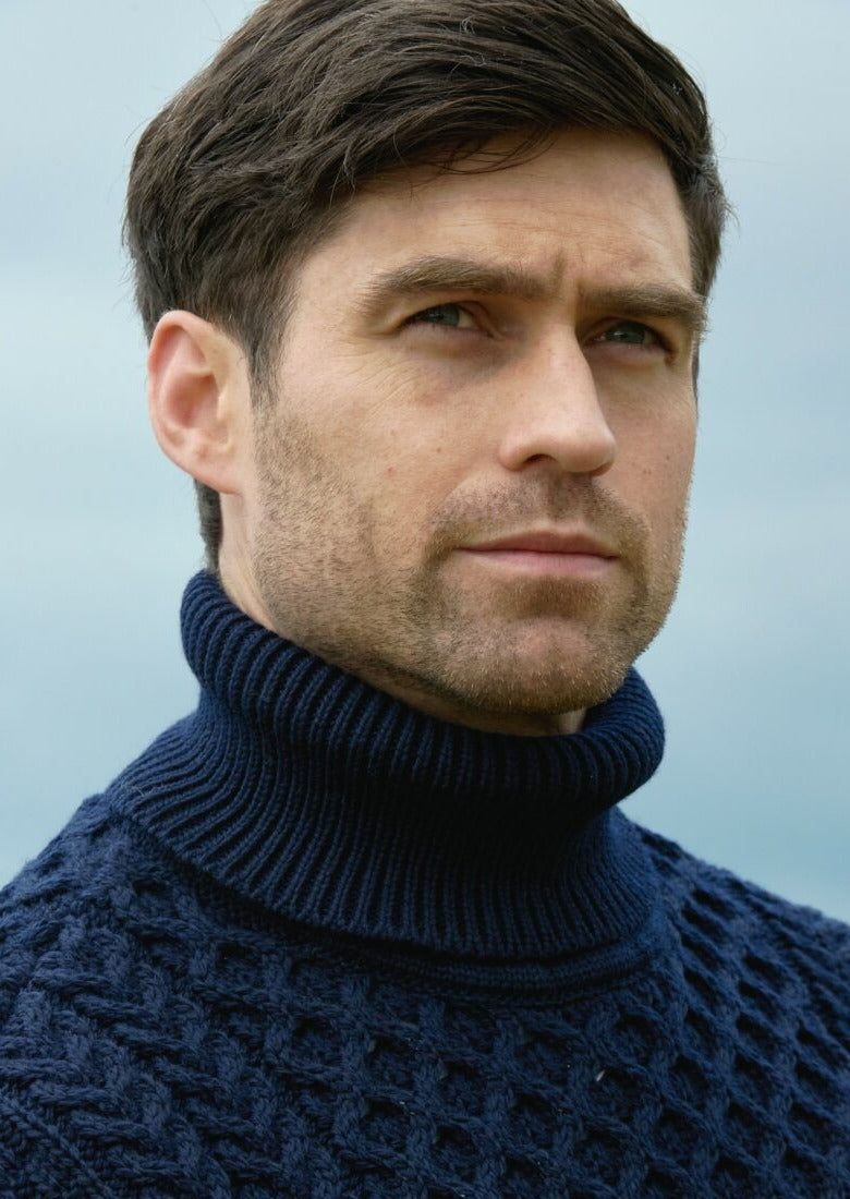 Aran Polo Neck Sweater - Navy